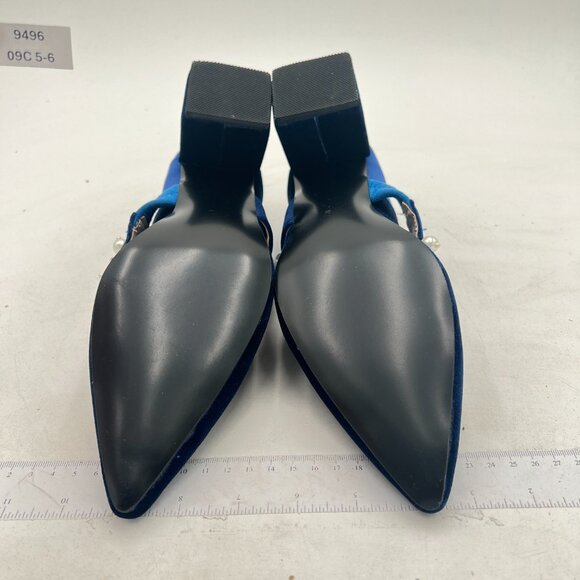 XYD Blue Pointed Toe Chunky Pumps Slip On Mary Jane Single Strap with Pearl Stud - Picture 7 of 8